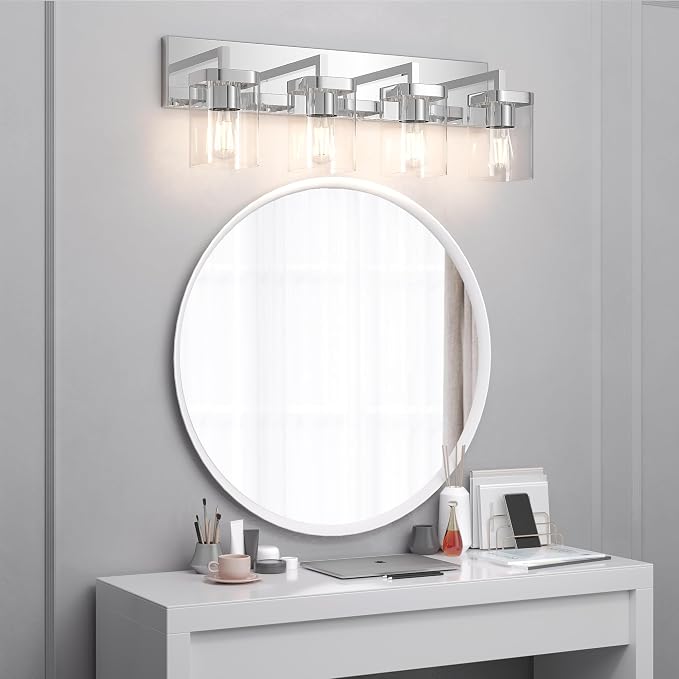 Chrome Bathroom Vanity Light, Square Design 4 Lights Morden Vanity Lighting Fixtures Over Mirror, Bathroom Vanity Light Fixtures for Living Room/Bedroom