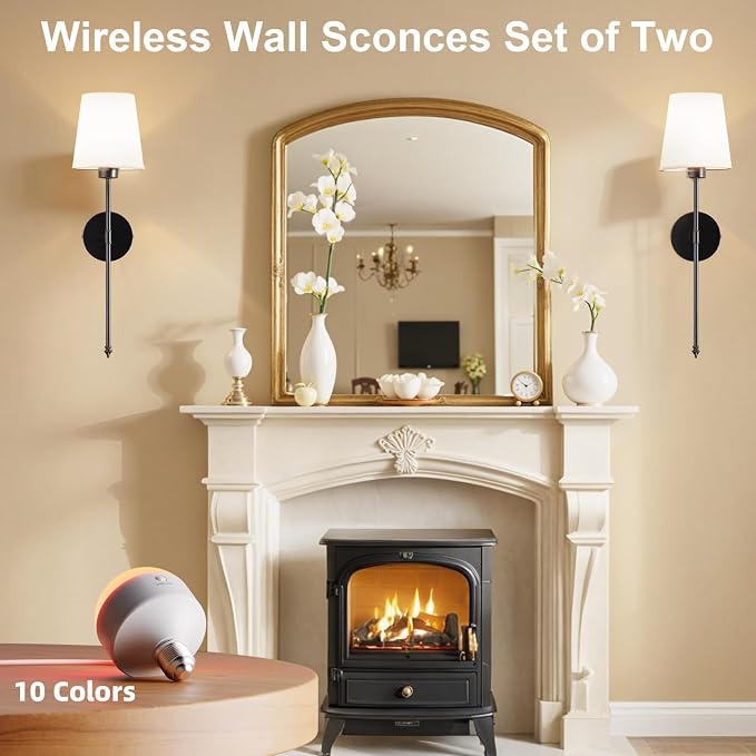 IRONPAX Wall Sconces Battery Operated Set of 2, Wireless Rechargeable Wall Sconce Set of Two, Dimmable Wall Lights with Remote for Bedroom Living Room Hallway Decor (Black, Fabric Shade)