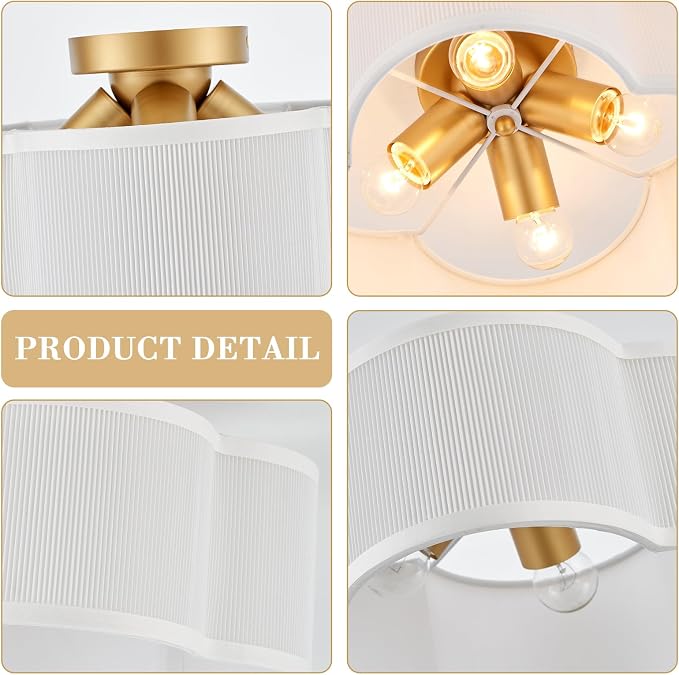 VILUXY Gold Semi Flush Mount Ceiling Lights, 4-Light Modern Ceiling Light Fixture with White Pleated Fabric Shade in Flower Shade Nursery Light Fixture for Hallway Bedroom