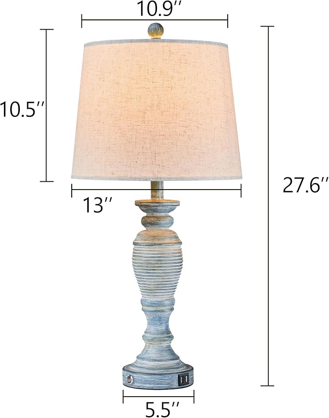 27.7” Farmhouse Table Lamps for Living Room, Blue&White, Set of 2 | Table Lamps for Bedroom, Nightstands, Office, Bedside, 3 Way Dimmable Touch Contorl, USB A+C Ports, Bulbs Included