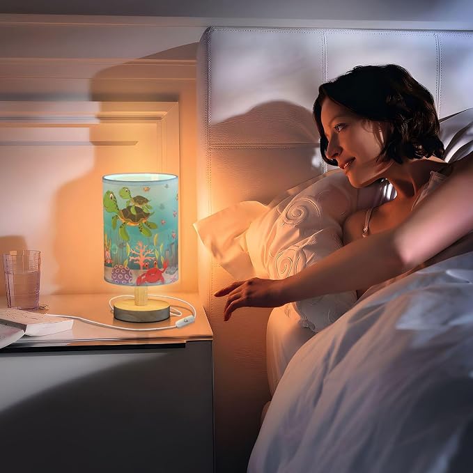 Table Lamp Colorful Underwater Sea Turtle Octopus Crab Fish Coral Aquatic Nightstand Lamp with Wood Base Fabric Lamp Shade Bedside Desk Lamp for Living Room Bedroom Kids Room Office