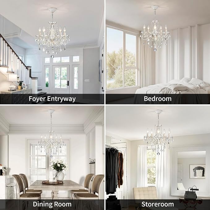 ANJIADENGSHI Small Crystal Chandelier, Modern White Chandelier Dining Room Light Fixture, Mini Crystal Pendant Light for Bedroom Ceiling Light Fixture for Living Room Entryway Kitchen Island Hallway
