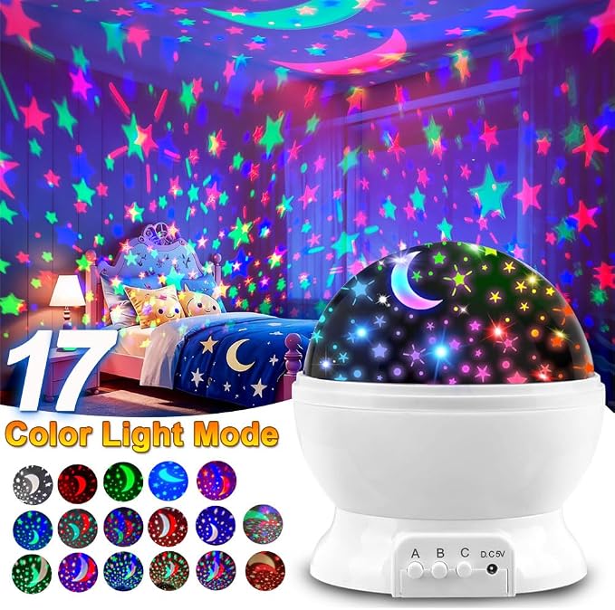 Night Light Projector,USB or Battery Operated lamp Portable Light,Color Changing Lights for Bedroom Kids Night Light,Room Decorations Rotating Star and Moon Ceiling Projector.(White)