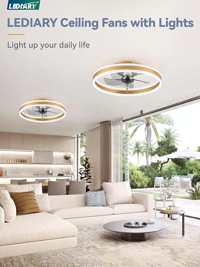 LEDIARY 19.7'' Modern Low Profile Ceiling Fans with Lights and Remote,Gold | 3000-6000K Dimmable LED, 6 Wind Speeds, Quiet Reversible DC Motor, Small Flush Mount Fandelier for Bedroom, Living Room