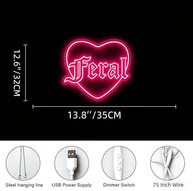 Feral Heart Neon Sign Pink LED Neon Light for Wall Decor USB Powered Gothic Neon Sign for Bedroom Bar Party Tattoo Studio Bachelorette Trendy Wall Art Halloween Decoration Goth Lover Gifts