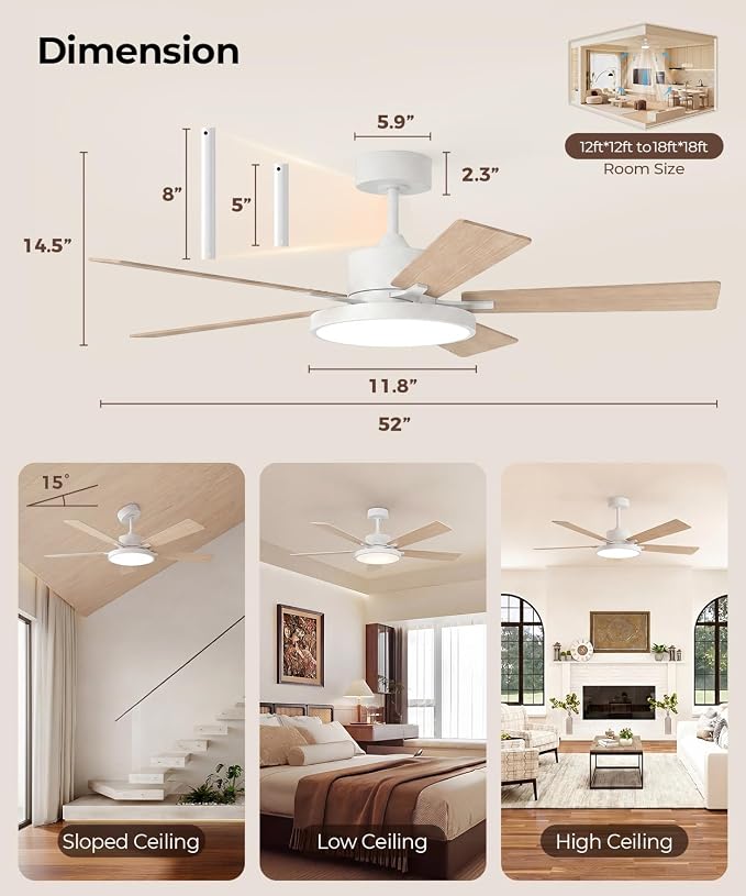RGBCW Smart 52" 2600LM LED Ceiling Fan Light with Remote, White | Alexa/Google/App Control, Reversible DC Motor, 6 Speeds & 2 Fan Modes, Dimmable, Quiet Fan for Bedroom, Living & Gaming Room