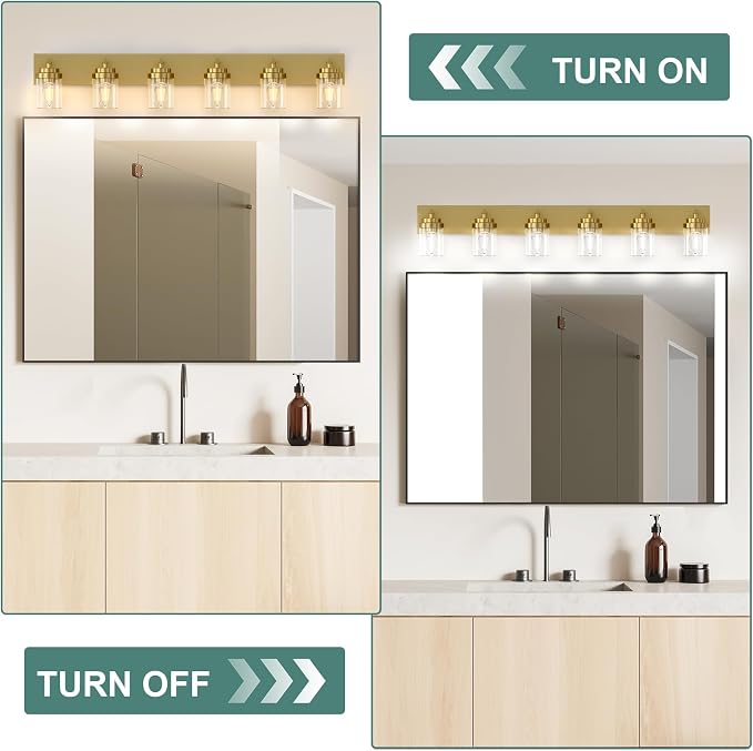 IZORRO Bathroom Vanity Light Fixture, 6-Light 46 Inch Gold Bathroom Light Fixtures Over Mirror, with Clear Glass Shade, Modern Farmhouse Vanity Lights, Rustic Restroom Lighting Fixtures