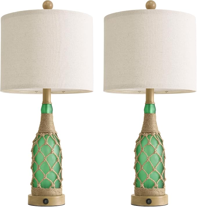 23'' Boho Table Lamps with Night Light for Living Room, Bedside Lamps Set of 2 with A+C Charging Ports for Bedroom, Farmhouse USB Lamps for Nightstand Console, Glass Bottle Rope Base, Green