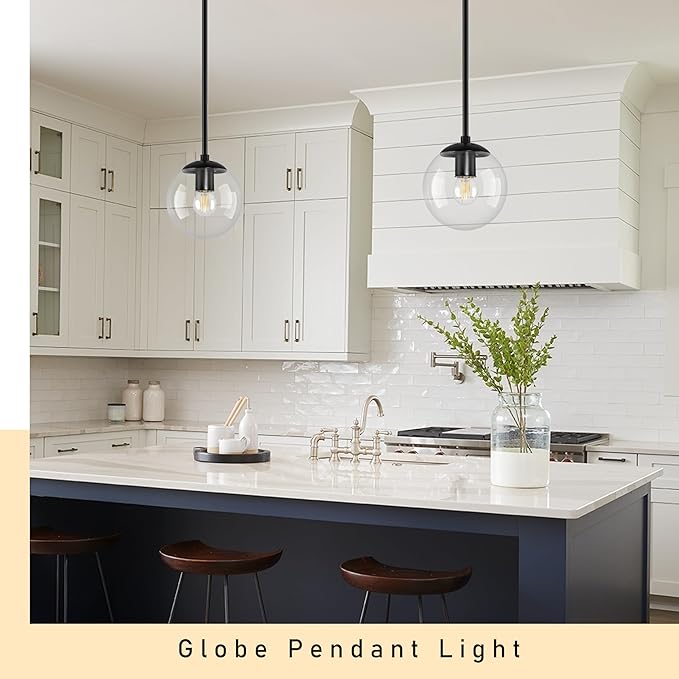 6" Globe Pendant Light Black 2 Pack Mid Century Pendant Light Globe Pendant Lights Kitchen Island Matte Black Finished with Clear Glass Adjustable Ceiling Light Fixtures for Dining Room Bar