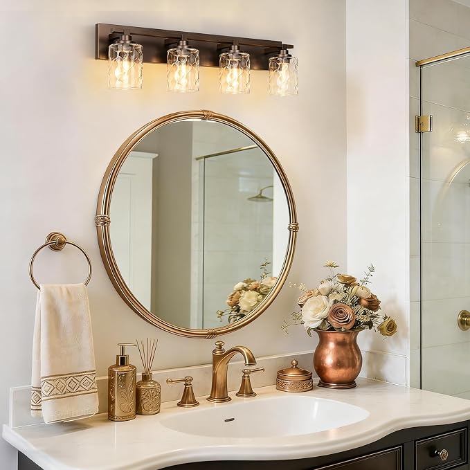 Modern Bathroom Lighting Fixtures Over Mirror, Vanity Lights for Bathroom, Wall Sconces with Clear Glass Shades, E26 Ceramic Socket, 4-Light 27.5-inch Oil-Rubbed