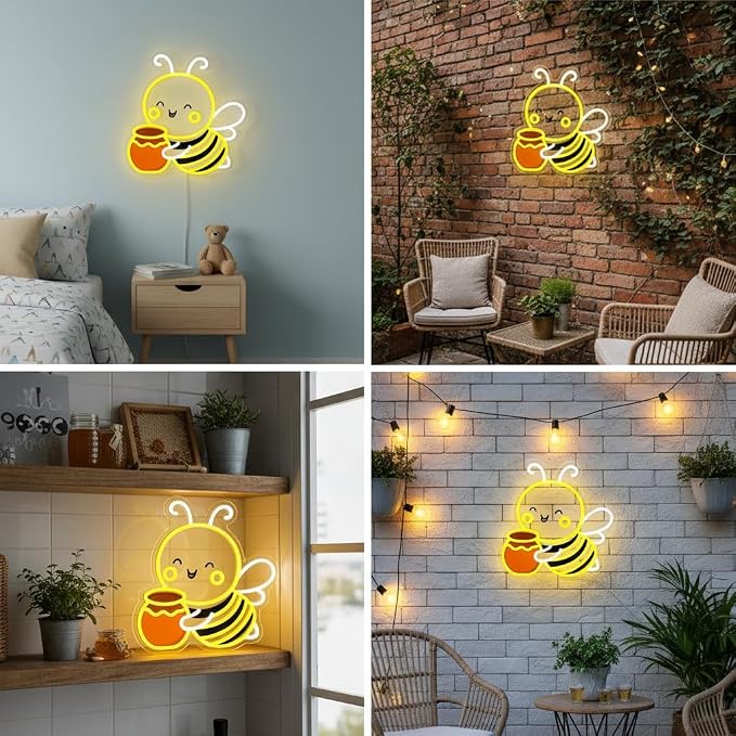 Bee Neon Sign Wall Art Cute Animal Neon Sign Honey Bee Lights Decor | Dimmable Bee Neon Light for Nursery, Kids Room, Bedroom, Living Room, Playroom, Bee Themed Decor and Nature Lovers Gift