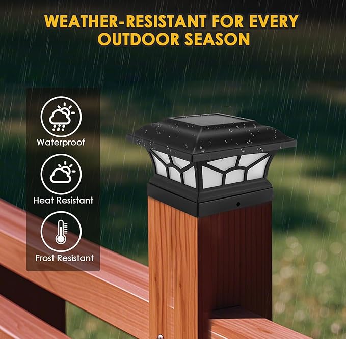 2 Pack Solar Post Cap Lights Outdoor Flickering Flame & Warm White, Fits 4x4 5x5 6x6 Wooden or Vinyl Posts, Waterproof Solar Fence Deck Lights for Yard Garden Patio Decoration.