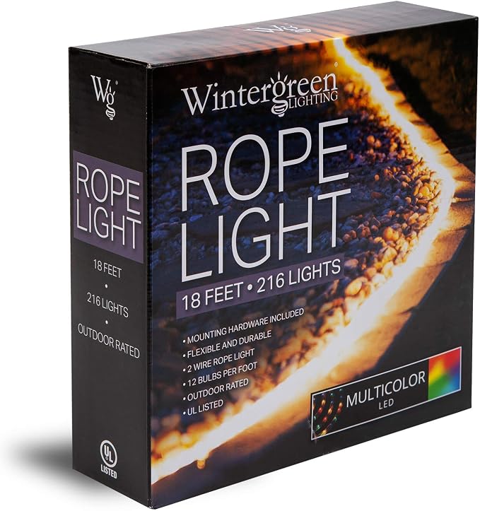 Wintergreen Lighting 18' LED Multi Color Rope Light, Flexible Light Rope String Light Outdoor – Bedroom LED Light Rope, 120V, ½ Inch, 2-Wire