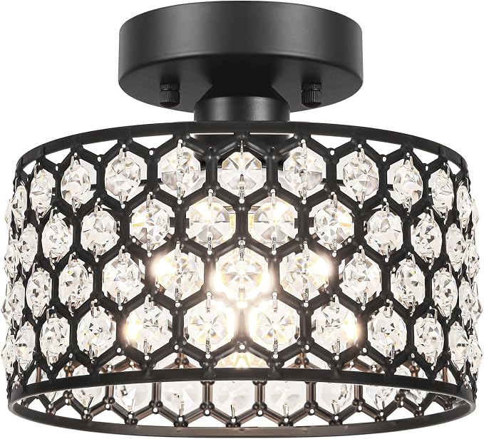 Lxybcce Black Crystal Ceiling Light Fixture - Modern Semi Flush Mount Ceiling Chandelier Lighting for Hallway, Kitchen & Foyer | Dazzling Prism Chandelier with Easy Installation,1 Light, 9 in