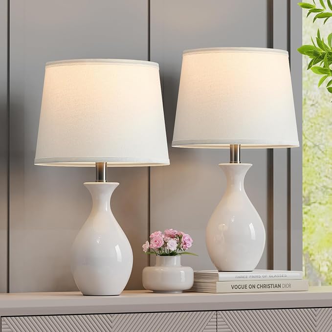 Table Lamp Set of 2, Modern Ceramic Bedside Lamps for Night Stands, Classic Small Lamp Nightstand Lamp for Bedroom Living Room Desk End Table Rocker Swtich White