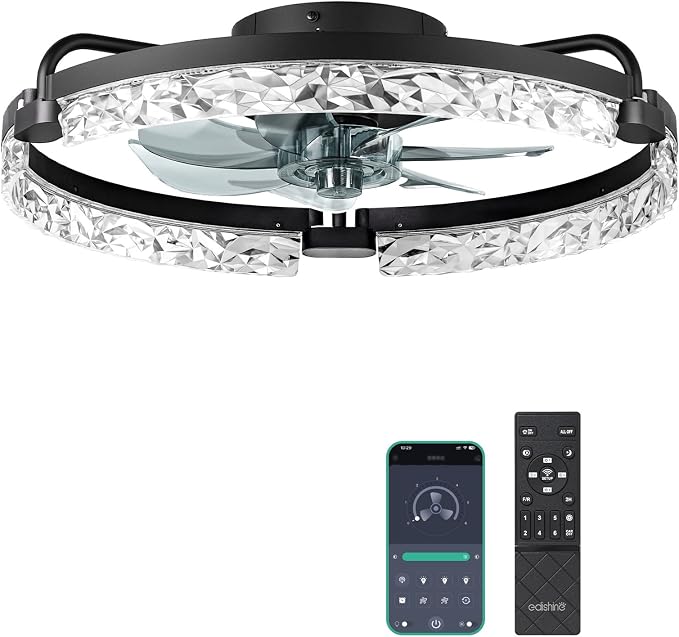 EDISHINE 20'' Ceiling Fans with Lights and Remote, 6 Speeds LED Modern | Flush Mount, DC Motor, APP Control, Black Fandelier, Low Profile Ceiling Fan for Bedroom, Kitchen 3000-6000K Dimmable