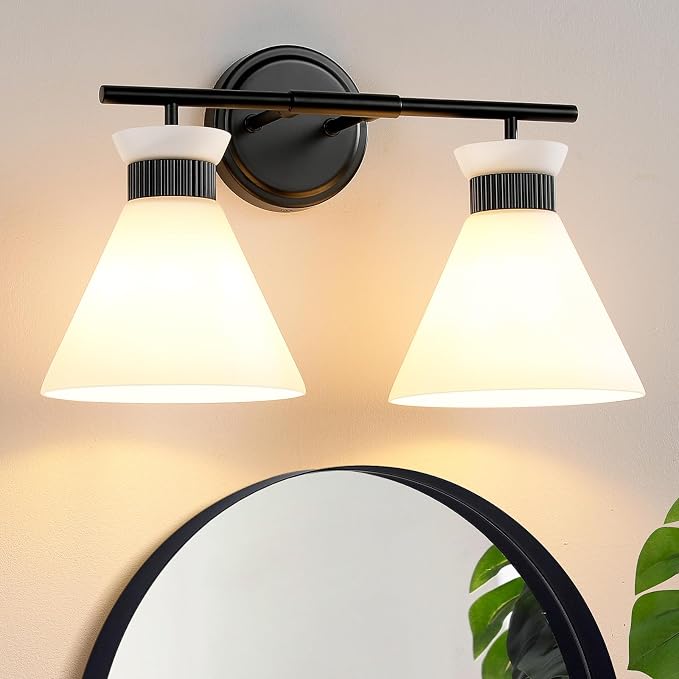 WOSHITU Black Bathroom Vanity Light Fixtures: Bathroom Lighting Fixtures Over Mirror 17.3 inch with Milky White Frosted Glass, 2-Lights Mid Century Modern Vanity Lighting Wall Light(Exclude Bulb)