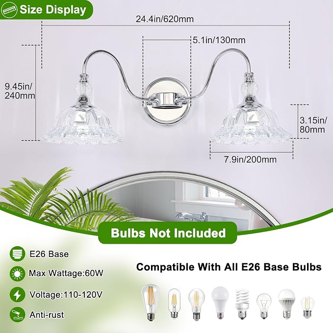 Modern Bathroom Vanity Light Fixtures 2 Lights Chrome Vanity Lights for Bathroom with Floral Crystal Glass Shade Modern Wall Lamp for Mirror(Exclude E26 Bulb)