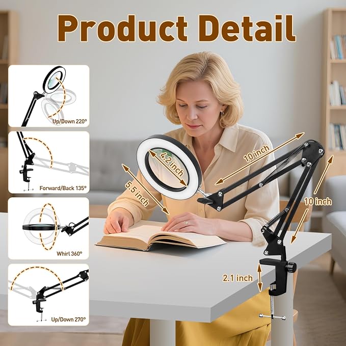 KIRKAS 10X Magnifying Glass with Light and Clamp, Swivel Arm LED Desk Lamp | 10 Level Dimmable 3 Color Modes, Lighted Magnifier with Light for Repair, Craft, Sewing, Reading, Close Work - Black