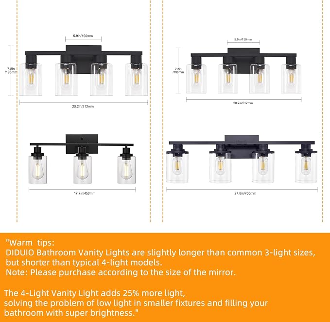 Black Vanity Lights for Bathroom 4 Light Bathroom Vanity Light Classic Bathroom Lighting Fixtures Over Mirror Farmhouse Vanity Lights with Clear Glass Shade