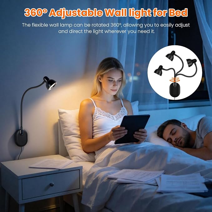 Wall Mounted Reading Light, LED Wall Bedside Lamp with Adapter Black | 5 Color 10 Brightness,Plug-in Adhesive Wall Reading Lights for Books in Bed, Auto-Off Timer Wall Lights for Bedroom Headboard