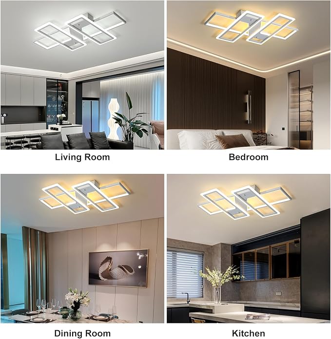 GEADI 35.4" Modern LED Ceiling Light, Dimmable White Flush Mount Chandelier | 80W 4-Square Geometric Ceiling Lamp with Remote, 3000K-6500K Dimming, Memory, 4800 Lumens, Low Profile for Bedroom, Kitchen