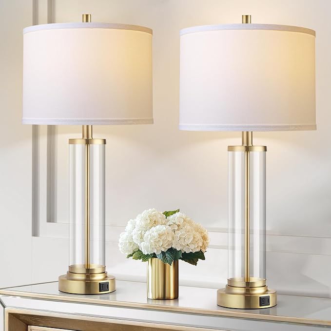 QiMH Lamps for Bedrooms Set of 2, Touch Control Table Lamps with USB A+C Ports, 3-Way Dimmable Bedside Lamp with Fabric Lampshade, Modern Nightstand Lamp for Living Room Bedroom (LED Bulbs Included) | 2 Dimmable LED Bulbs, USB A+C Charging Ports, Moder...