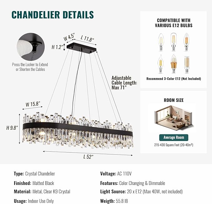 Siljoy Rectangle Black Crystal Chandelier, 20-Light Modern Rectangular K9 Crystal Raindrop Chandelier, Luxury Dimmable Crystal Ceiling Light for Living Dining Room Kitchen Entryway Foyer L52''