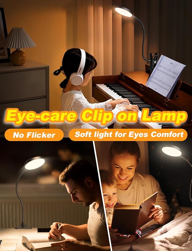 Desk Lamp with Clamp-10W,2-in-1 with RGB Ambient & Warm White Light,Book Reading Light Color Changeable/Flexible Gooseneck LED Lamps Clip on Bed Headboard and Computers 800LM-Black