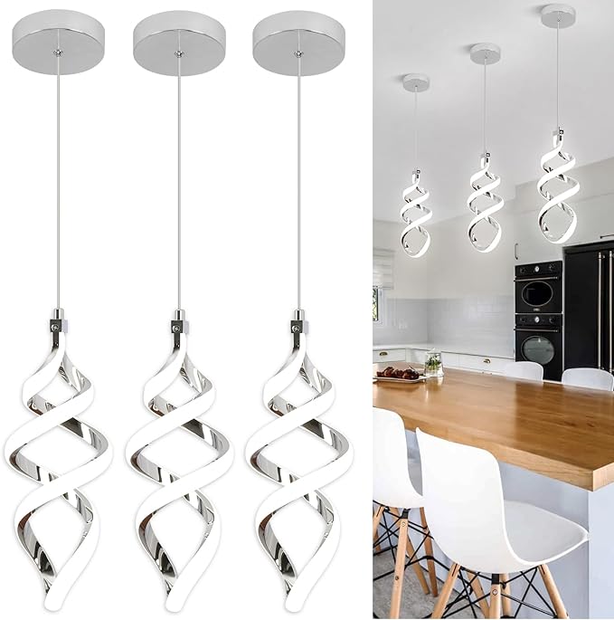 3 Packs Pendant Light, 15W Spiral Led Pendant Light, 4500K Modern Pendant Lights Kitchen Island, Adjustable Height Pendant Light for Dining Room Bedroom Kitchen Island Cafe