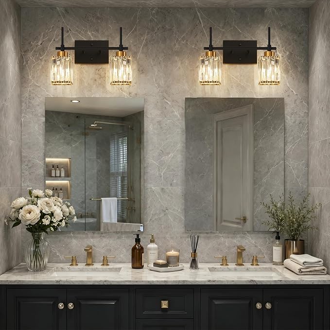 Torondo Modern Crystal Bathroom Vanity Light 2-Lights Gold Bathroom Light Fixtures Over Mirror Black and Gold Vanity Lighting Fixtures Gold Square Shade Brass Wall Sconce (Bulbs Not Include)