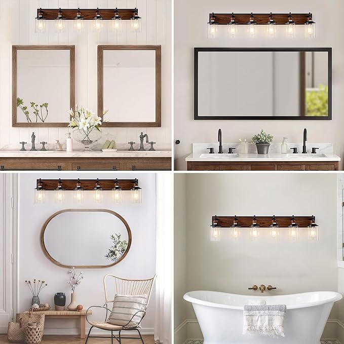 6-Light Farmhouse Bathroom Light Fixtures Vintage Bathroom Vanity Lights Over Mirror Black and Wood Painted Metal Vanity Light for Bathroom with Glass Shades E26 Socket