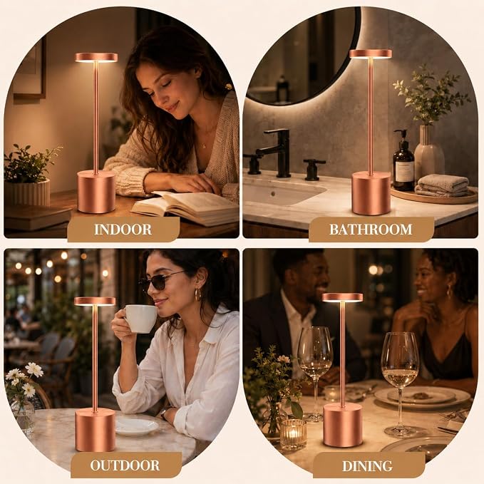 Rose Gold Cordless Table Lamps Set of 2, Battery Operated Rechargeable LED Lamps with Touch Control, 3 Color Temperatures, 5000mAh Dimmable Wireless Portable Lamp for Bedroom Nightstand Living Room
