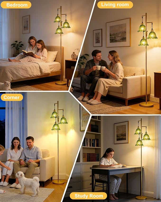 Lightdot Glass Floor Lamps for Living Room, 3-Light Dimmable Floor Lamp with Green Glass Shade& E12 Bulbs Included, Mid Century Standing Tall Lamp with 5Lbs Heavy Base for Bedroom/Sofa Beside-Gold