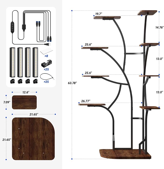 Barrina LS13 Corner Plant Stand with Grow Lights, 9-Tier, Full Spectrum | 63.8" Tall Plant Shelf, Warm T5 Grow Light, Timer, Tree-Shape Corner Flower Holder for Living Room, Home Decor, Gardening