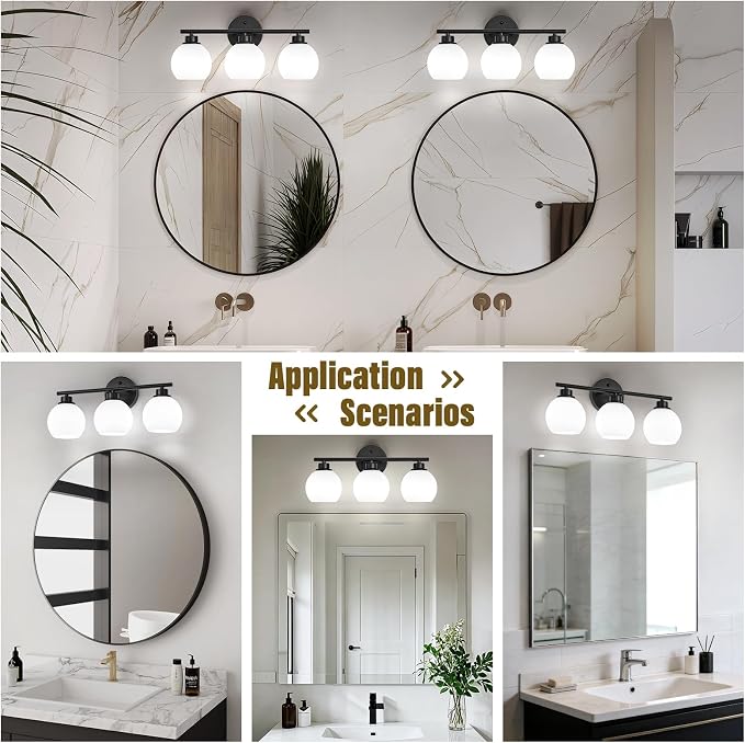 Matte Black Bathroom Light Fixtures, 3-Light Vanity Light Over Mirror | Modern Bathroom Lighting Over Mirror, Wall Sconces, Milky White Globe Glass Shades, E26 Socket,ETL Listed