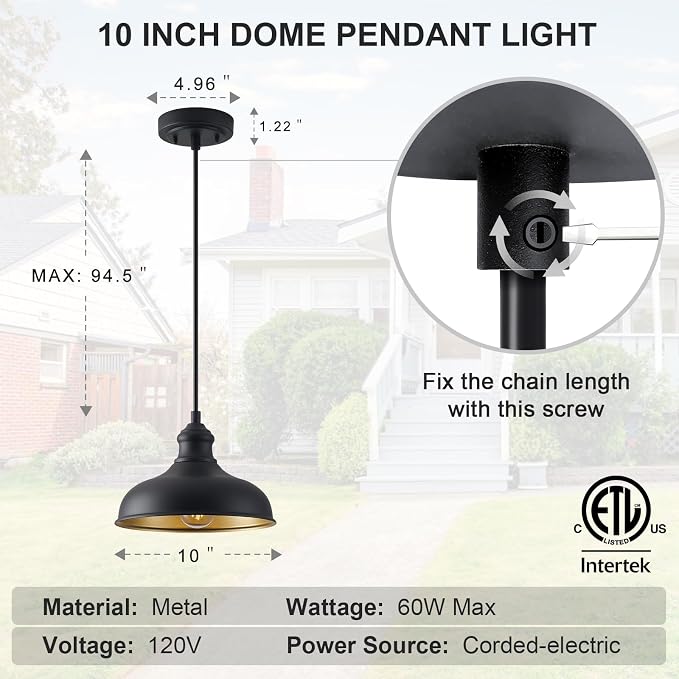 10in Dome Outdoor Pendant Barn Light Fixture Farmhouse Style Black Pendant Lighting Kitchen Island Hanging Lamp for House, 2 Pack Entrance Pendant Mount Lights with Brass Interio, Adjustable