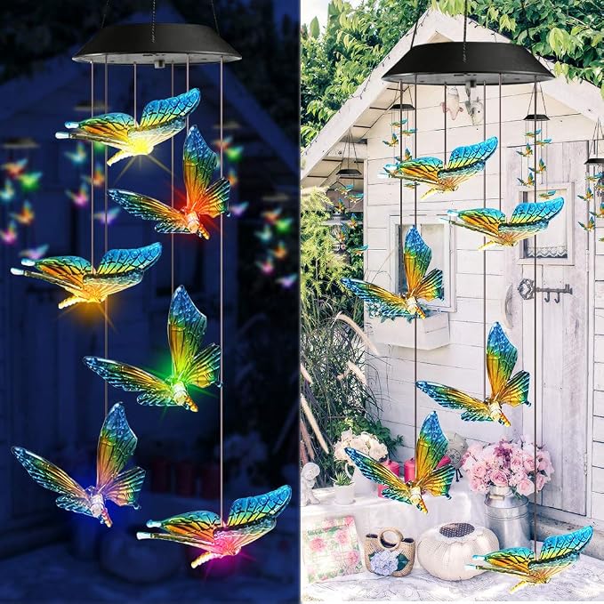 Toodour Solar Wind Chime, Color Changing Wind Chimes Butterfly Gift for Mom | LED Decorative Mobile, Gifts for Grandma, Waterproof Outdoor Decorative Lights for Garden Patio Yard Window Outdoor Decor