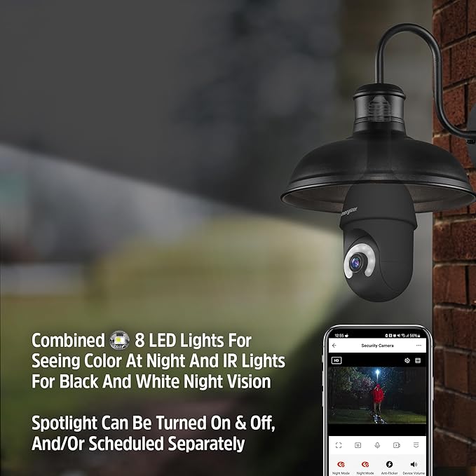 Energizer Smart Socket Camera, 2K QHD Outdoor Light Bulb Security Camera, 5GHz/2.4GHz, Pan & Tilt Auto Motion Tracking, 2-Way Audio, Night Vision, Recording, Alerts, Voice Control with Alexa & Google
