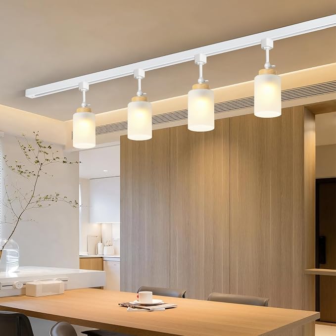 H Type Track Lighting Heads with Glass Lamp Shade, White 4 Pack | E26 Track Light Ceiling Modern for Kitchen, Compatible with H Track Rail System, Wood Style Pendant Light Fixtures - No Bulbs