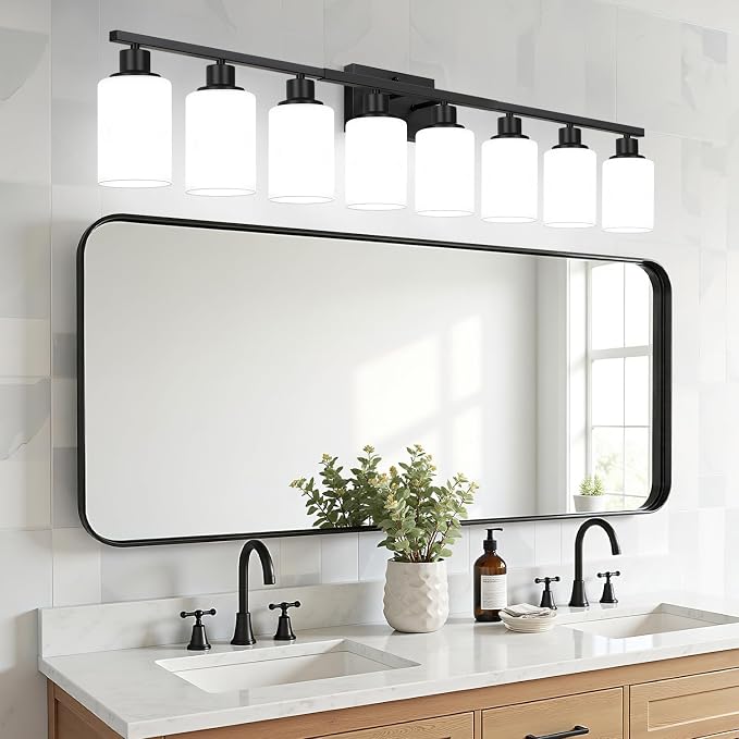 Indoi 8-Light Bathroom Light Fixtures, Matte Black Modern Vanity Lights with Milky White Shades, Bathroom Wall Lamp for Mirror Living Room Cabinet Bedroom Porch