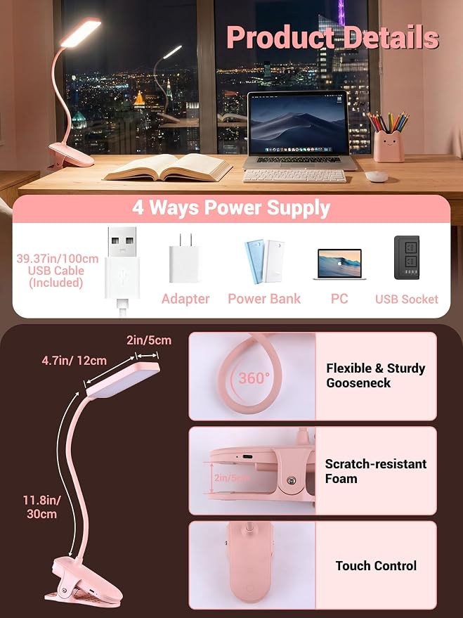 Pink Desk Lamp Cute Clip on Lamp,45 Modes Dimmable+450 Lumen Clip on Light | 4000mAh Battery Rechargeable Book Light for Reading in Bed,Cordless Small Pink Lamp for Girls Room/Kids Bedroom/Bedside/Dorm