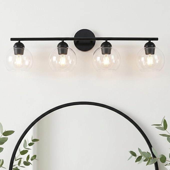 4 Light Bathroom Vanity Light, Black Vanity Light with Globe Glass Shades, Farmhouse Bathroom Light Fixtures Over Mirror, Modern Wall Light Fixture for Bedroom Hallway, E26 Socket