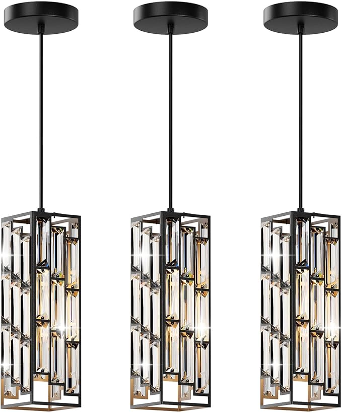 Modern 1-Light Crystal Pendant Light Kitchen Island, Black, 3-Pack | Mini Crystal Chandeliers, Height Adjustable Cord, Ceiling Hanging Lighting for Kitchen Island Dining Room Bedroom