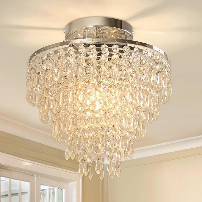 FRIXCHUR 11.8" Crystal Chandelier Chrome Flush Mount Ceiling Light 5 Tiers Raindrops Silver Chandeliers for Bedroom Hallway Living Room,E26 Base