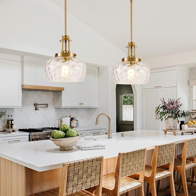 Modern Pendant Lights Kitchen Island, Brushed Gold Pendant Light Fixtures with 10" Clear Hammered Glass Shade, Industrial Hanging Pendant Lights Fixture for Kitchen Island Dining Room Bedroom Entryway