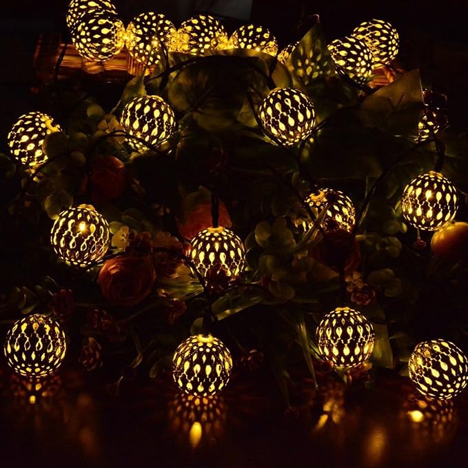 Hann LED Solar Globe String Lights, 12ft 10 LEDs Moroccan Orb Ball, Waterproof Ambiance Lighting, 3000K Warm White, Starry Fairy Lights for Outdoor Garden Yard Patio Party Christmas Party