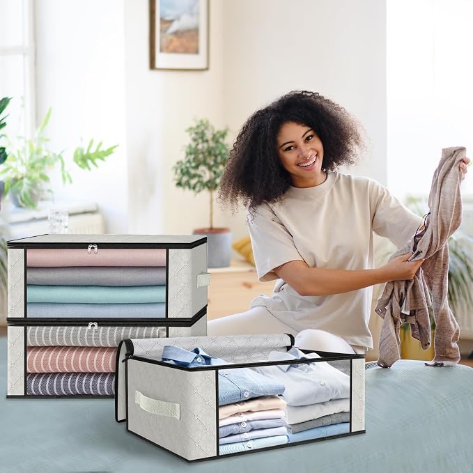 HomeHacks 8-Pack Clothes Organizer Storage Bags, 35L Storage Bins, White | Foldable Storage Box Container with Zippers, Clear Window, Reinforced Handles for Closet, Dorm, Pillows, Bedding, Sweater