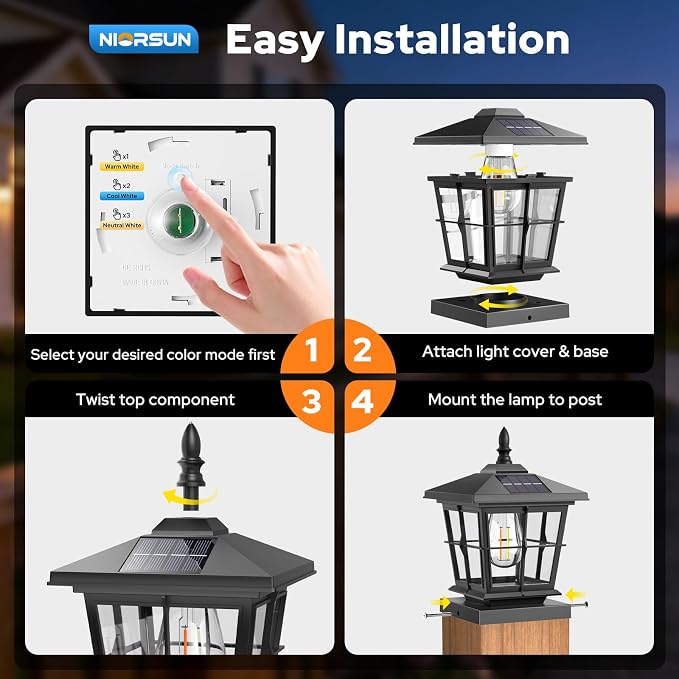 4x4 Post Solar Lights with 3 Color Temps, Edison Bulb, 4 Pack Black | Solar Post Cap Lights, 4x4 Post Caps & 5x5 Wood Vinyl, IP64 Waterproof Fence Post Solar Lights Outdoor,Solar Deck Post Lights