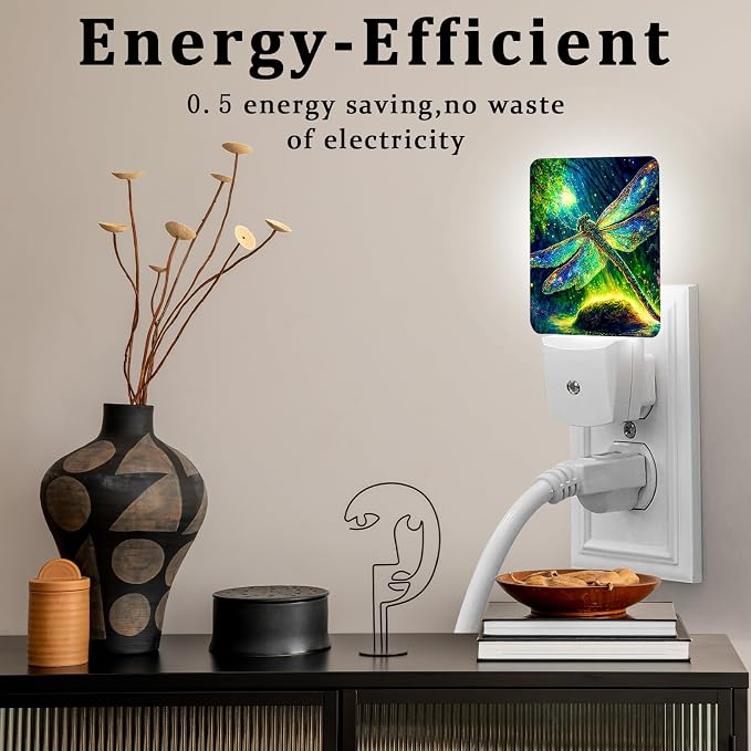 Dragonfly Night Light, Plug-into Wall Green Glitter Nightlight Lamp with Dusk to Dawn Sensor, Led Lamp 0.5W Energy Efficient for Boys Girls Adults Home Decor